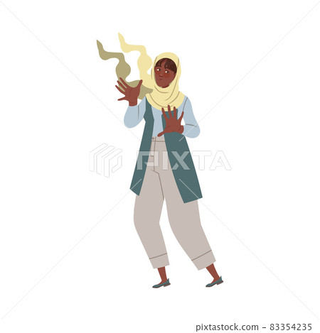 Scared female employee wearing hijab doing stop gesture with both hands vector illustration 83354235