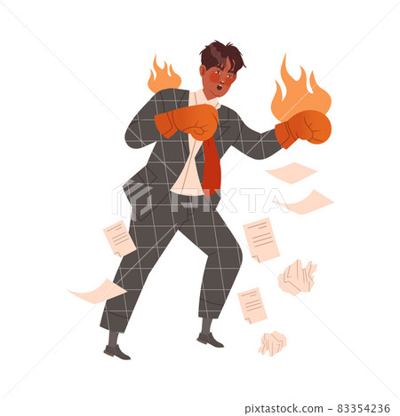 Angry boss in flaming boxing gloves fighting on isolated on white background Angry boss in flaming boxing gloves fighting on isolated on white background 83354236