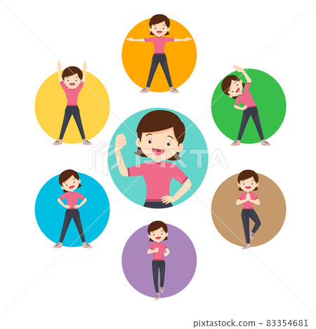 set of strong woman healthy from exercise various actions in circle chart 83354681