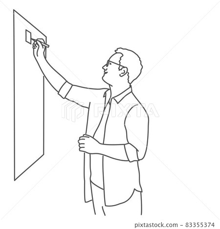 Man with glasses writes on a board. 83355374