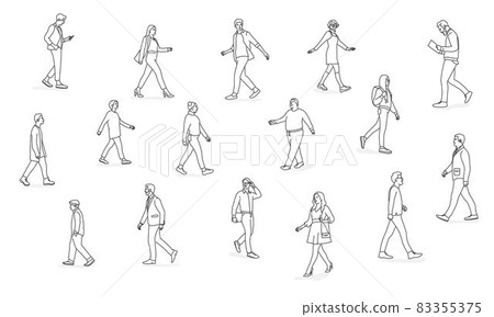 Crowd of tiny people walking. Different people. 83355375