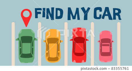 Find my car. System for detecting a car in the parking lot. Parking top view with pin map. Find my car. System for detecting a car in the parking lot. Parking top view with pin map. 83355761