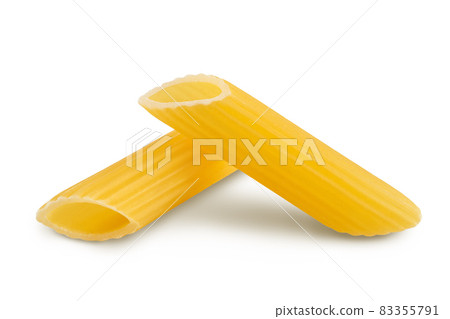 Raw italian penne rigate pasta isolated on white background with clipping path and full depth of field 83355791