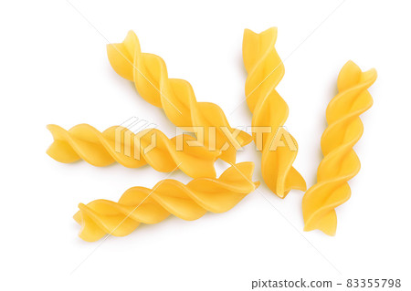 raw Fusilli pasta, isolated on white background with clipping path and full depth of field. Top view. Flat lay raw Fusilli pasta, isolated on white background with clipping path and full depth of field. Top view. Flat lay 83355798