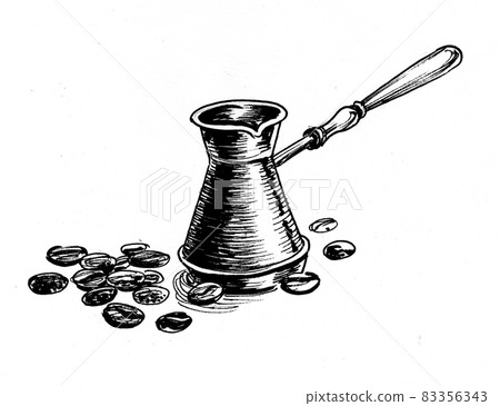 Coffee pot and coffee beans. Ink black and white drawing 83356343
