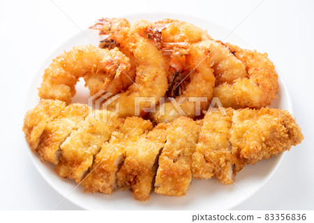Assorted 2 kinds of fried food. Chicken cutlet and fried shrimp. Assorted 2 kinds of fried food. Chicken cutlet and fried shrimp. 83356836