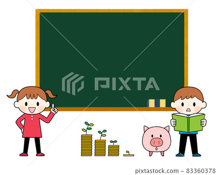 Boys and girls studying money in front of the blackboard Boys and girls studying money in front of the blackboard 83360378