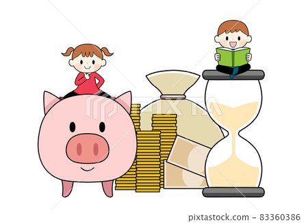 Children studying, an hourglass, a piggy bank and money 83360386