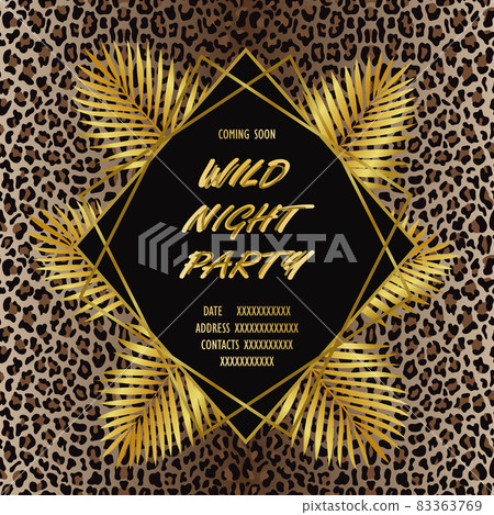 Luxury Wild Party Invitation Card with Leopard Print and Gold Palm Leaves 83363769