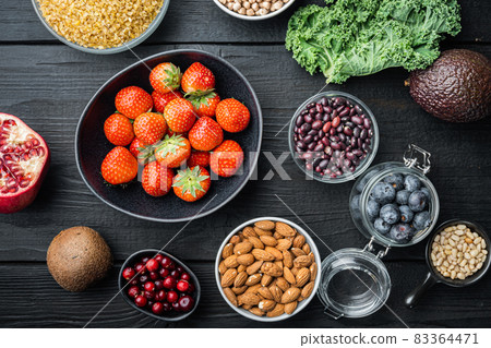 Healthy diet eating plan. Meal planning, flat lay, on black wooden background 83364471