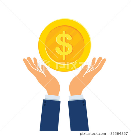 hand holding dollar gold coin. vector illustration 83364867