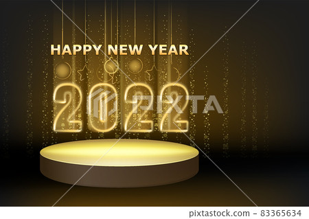 2022 New Year shiny gold color shiny numbers banner, stage podium. Realistic text flash light, golden particles, glitter, sparkles dust, black background. Vector illustration 83365634