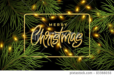Christmas background with realistic branches of a Christmas tree with glowing electric garland. Background for a Christmas greeting, postcard, banner. Vector illustration 83366038