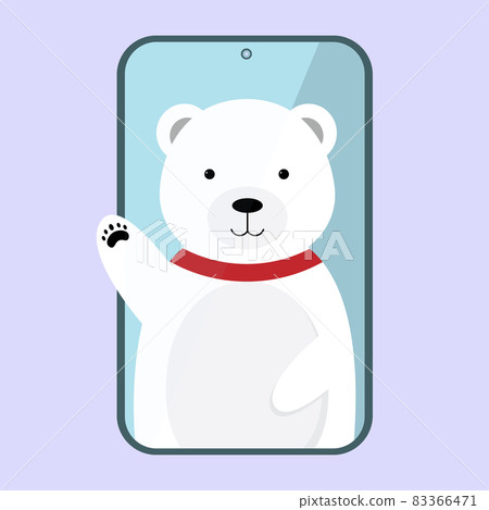 A Cartoon polar bear waving from smartphone 83366471
