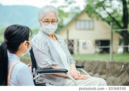 Elderly women in wheelchairs and female staff (masks) Elderly women in wheelchairs and female staff (masks) 83366590