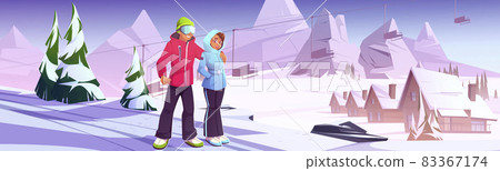 Young couple on ski resort, outdoor activity. Young couple on ski resort, outdoor activity. 83367174
