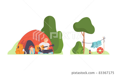 Man and Woman in Tent Playing Guitar Engaged in Outdoor Camping Activity Vector Set Man and Woman in Tent Playing Guitar Engaged in Outdoor Camping Activity Vector Set 83367175
