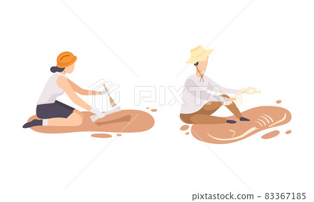 Man and Woman Archaeologist with Brush Searching for Material Remains Vector Set Man and Woman Archaeologist with Brush Searching for Material Remains Vector Set 83367185