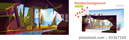 Parallax background with cave, river and forest Parallax background with cave, river and forest 83367188