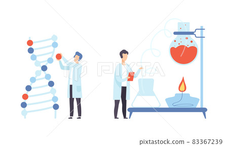 Man Research Scientist in Laboratory Coat Conducting Experiment with Chemical in Flask and DNA Vector Set Man Research Scientist in Laboratory Coat Conducting Experiment with Chemical in Flask and DNA Vector Set 83367239