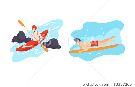 Man Character Engaged in Extreme Sport Kayaking and Surfboarding Vector Set 83367269