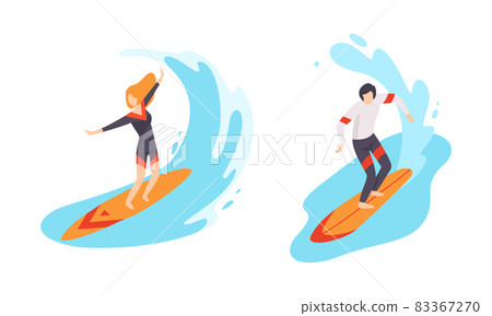Man and Woman Character Engaged in Extreme Sport Surfboarding Vector Set 83367270