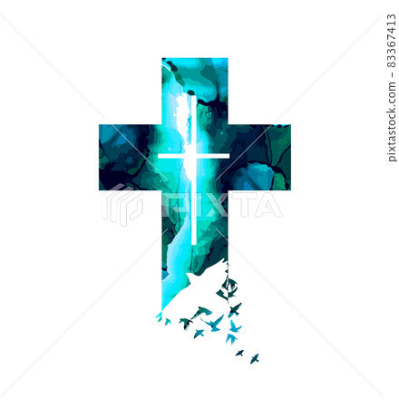 A blue cross of flying birds. Vector illustration 83367413