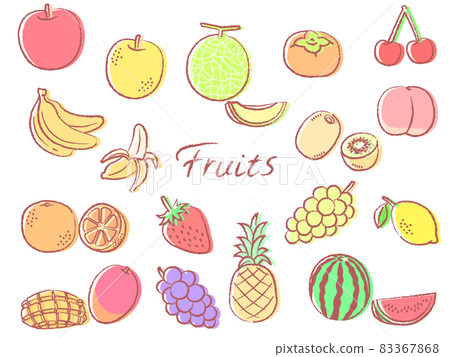 Fruits Fruits Colored set illustrations of misaligned plates on faint line drawings Fruits Fruits Colored set illustrations of misaligned plates on faint line drawings 83367868