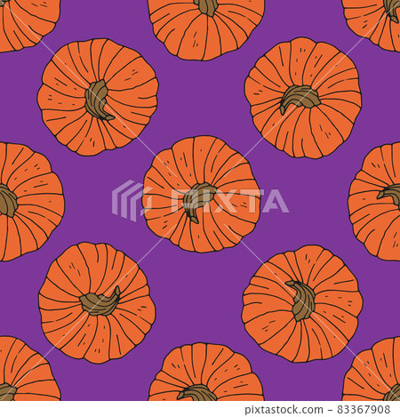 Seamless pattern with hand drawn pumpkins. Purple background. Seamless pattern with hand drawn pumpkins. Purple background. 83367908