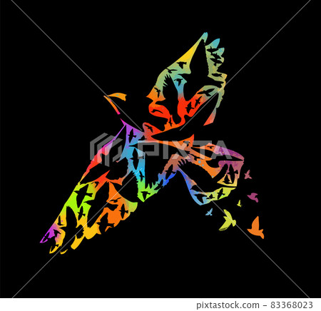 Abstract colorful mosaic of birds. Colorful flying birds in the sky. Vector illustration 83368023