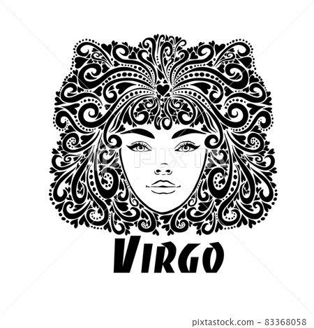 The stylized face of a beautiful girl full-face. T-shirt printing Virgo. Vector illustration 83368058