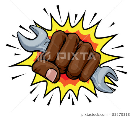 Spanner Wrench Fist Hand Explosion Pop Art Cartoon Spanner Wrench Fist Hand Explosion Pop Art Cartoon 83370318