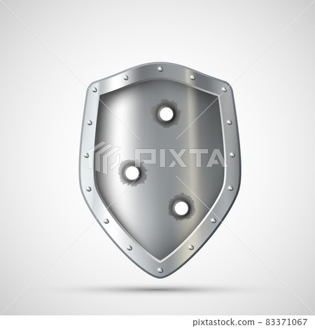 Metal broken shield with bullet holes. 83371067