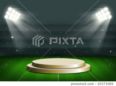 Golden winners podium at the sports stadium. 83371069