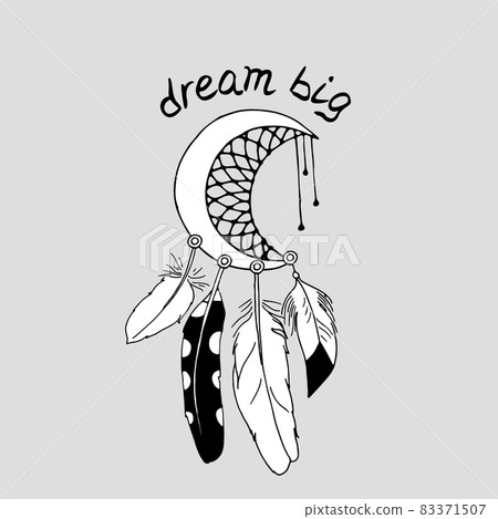 Vintage half moon dreamcatcher with feathers and hand written quote Dream Big 83371507