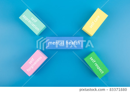 Mental health formula concept. Self appreciation, self care, self respect and self forgiveness written on multicolored rectangles on blue background Mental health formula concept. Self appreciation, self care, self respect and self forgiveness written on multicolored rectangles on blue background 83371880