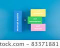 Mental health formula concept. Self prioritize, set boundaries and self respect written on multicolored rectangles on blue background 83371881