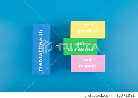Mental health formula concept. Self prioritize, set boundaries and self respect written on multicolored rectangles on blue background Mental health formula concept. Self prioritize, set boundaries and self respect written on multicolored rectangles on blue background 83371881