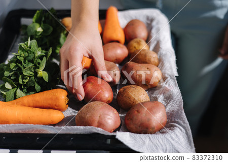 Woman's hand take potato from tray outdoor Woman's hand take potato from tray outdoor 83372310