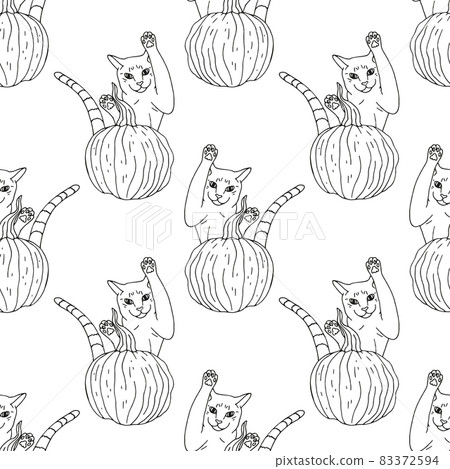 Seamless pattern with hand drawn monochrome pumpkins and jumping cat. 83372594