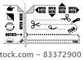 Vector set of Open here label, Tear stripe, Push sign, Cut line, Rotate arrow, Corner sticker with simple illustrations of scissors, knife, zip, pointing finger hand symbols for product package. 83372900
