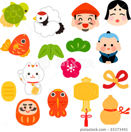Deformed illustration set of Japanese lucky charms Deformed illustration set of Japanese lucky charms 83373491