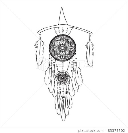 Ethnic Boho dream catcher with feathers. American Indian symbol in sketch style. Vector illustration isolated on white background. Hand drawn. Ethnic Boho dream catcher with feathers. American Indian symbol in sketch style. Vector illustration isolated on white background. Hand drawn. 83373502