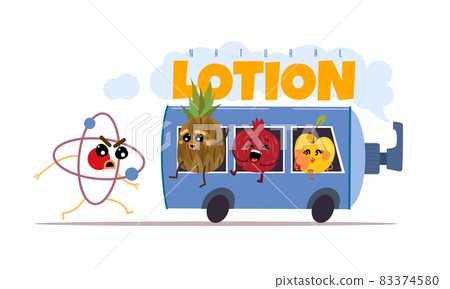 Cosmetics parabens free. Natural lotion. Cartoon bottle bus with fruits mascots. Skin care product without chemical artificial ingredients. Organic moisturizing cream. Vector concept Cosmetics parabens free. Natural lotion. Cartoon bottle bus with fruits mascots. Skin care product without chemical artificial ingredients. Organic moisturizing cream. Vector concept 83374580