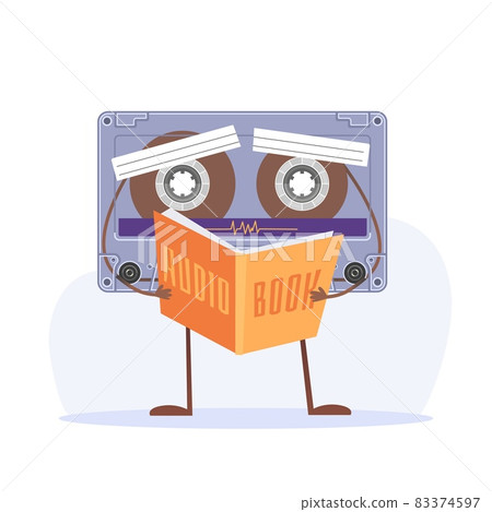 Audiobook. Cartoon cassette mascot holding book. Funny character reading book. Electronic fiction or educational literature listening. Retro mixtape declaiming textbook. Vector concept Audiobook. Cartoon cassette mascot holding book. Funny character reading book. Electronic fiction or educational literature listening. Retro mixtape declaiming textbook. Vector concept 83374597
