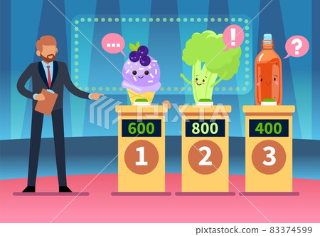 Advantage vegetables. Intellectual contest leader. Cartoon food characters competition. Benefits of healthy meal. Erudition tournament television show. Celery winner mascot. Vector concept Advantage vegetables. Intellectual contest leader. Cartoon food characters competition. Benefits of healthy meal. Erudition tournament television show. Celery winner mascot. Vector concept 83374599