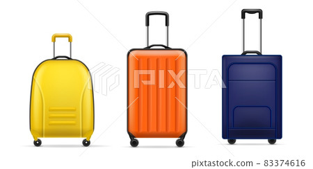Realistic luggage bags. Modern travel plastic bags different forms and sizes, shockproof bright flight suitcases on wheels with extendable handles, fashion baggage. Vector 3d isolated set 83374616