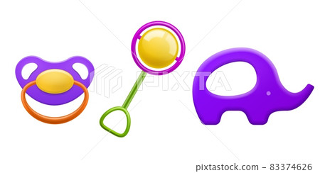 Baby toys. Rattle and pacifier. Toddler chewing teether. Kids purple rubber biting elephant. Newborn care goods collection. Infant nipple and ratchet. Vector nursery playthings set Baby toys. Rattle and pacifier. Toddler chewing teether. Kids purple rubber biting elephant. Newborn care goods collection. Infant nipple and ratchet. Vector nursery playthings set 83374626