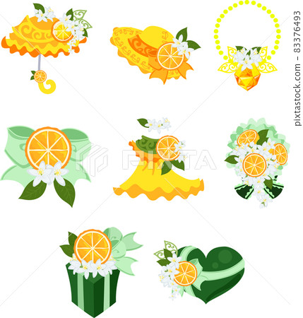 Various cute orange miscellaneous goods icons such as parasols, hats, pendants and ribbons 83376493
