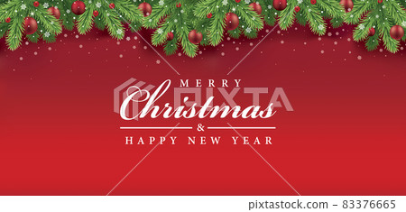 Merry Christmas greeting card on red background with traditional decorations Merry Christmas greeting card on red background with traditional decorations 83376665